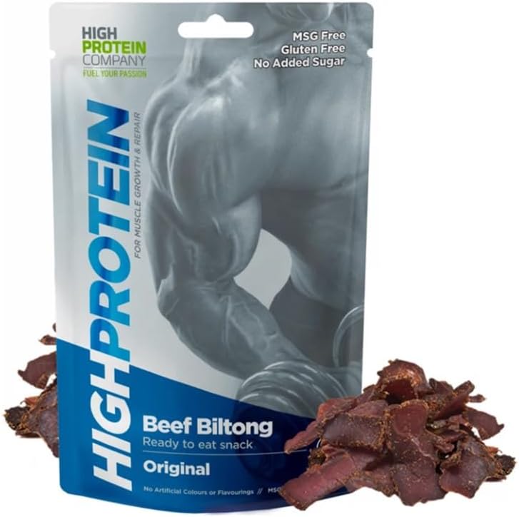High Protein - Original Biltong, 600g Pack of 12 x 50g High Protein, low fat, Thin Tender Slices of authentic Beef Biltong, beef Jerky, Gluten & MSG Free, Convenient Snack