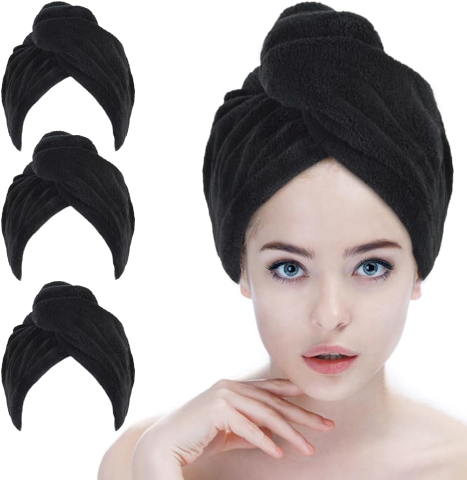 SINLAND Microfiber Hair Drying Cap Hair Towel Turban Twist for Long Hair Fast Drying Towels Head Turban Absorbent Soft Lightweight 3 Pack Black