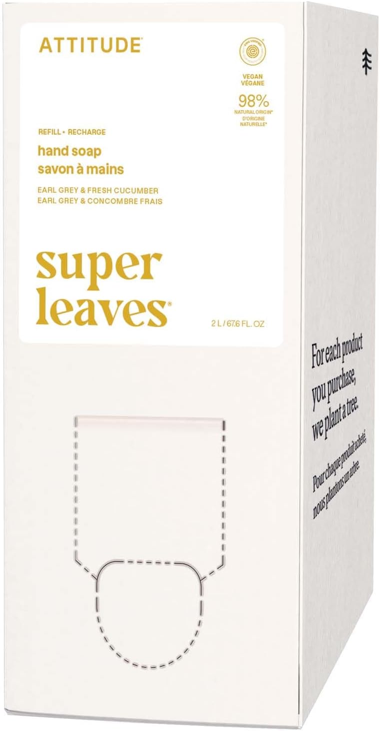 ATTITUDE Liquid Hand Soap, EWG Verified, Plant and Mineral-Based, Vegan Personal Care Products, Lemon Leaves, Bulk Refill Format, 2 Liters