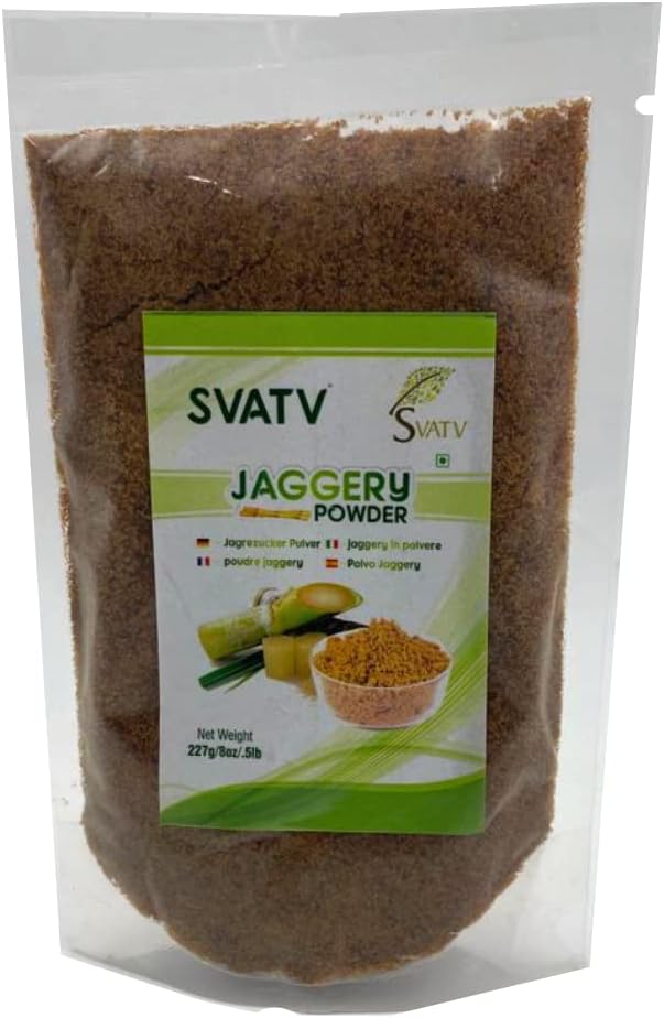 SVTAV Jaggery Powder, Hand Crushed Gur Powder | Natural Sweetener | Brown Sugar | Indian Sugar Cane Substitute | No Preservatives Added | No Artificial Flavors - 227g 8oz