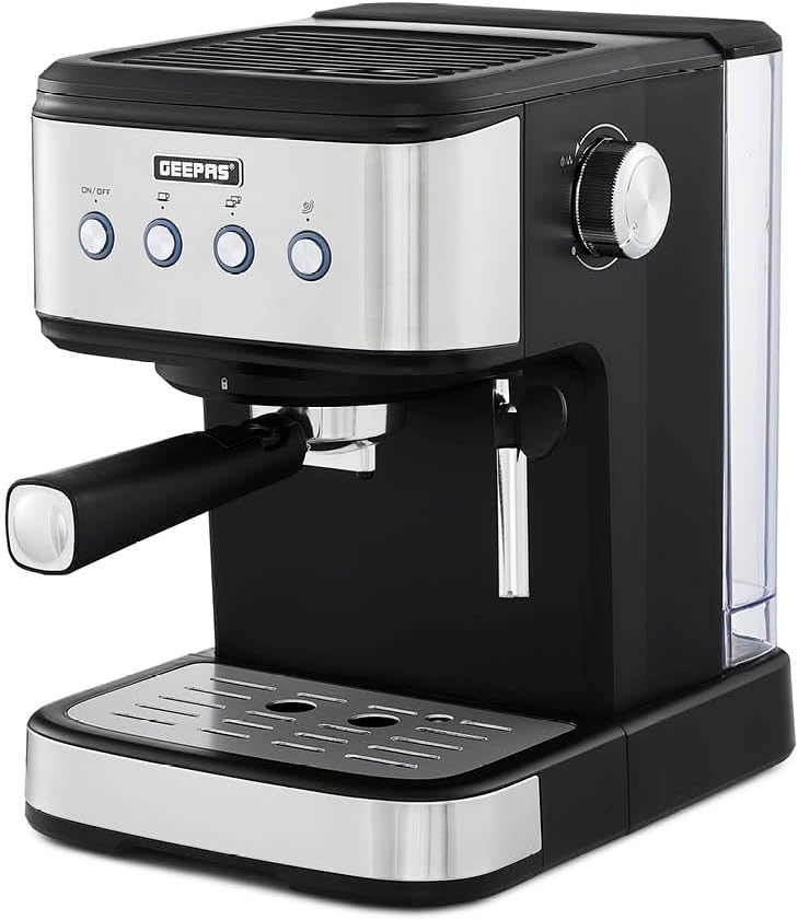 GEEPAS Espresso & Cappuccino Coffee Machine with Milk Frother, 20 Bar Pressure | 1.5L Water Tank Capacity, Stainless Steel Housing | 1100W, Silver, Ideal for Barista Quality Beverages