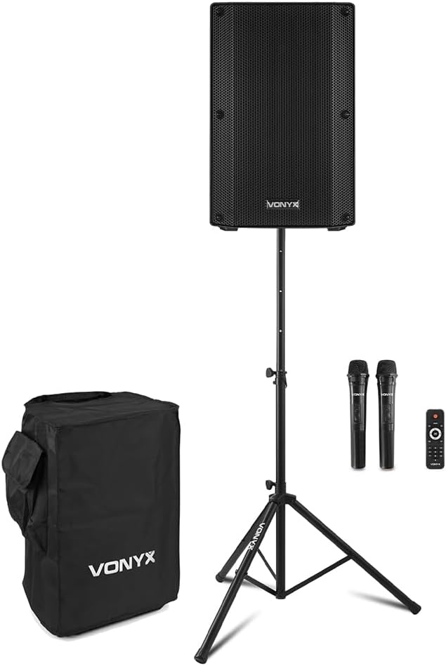 VONYX VSA700 1000W Portable PA System with Battery, Bluetooth, 2 Wireless Microphones, Speaker Stand & Cover – Ideal for School Announcements, Outdoor Events & Performances