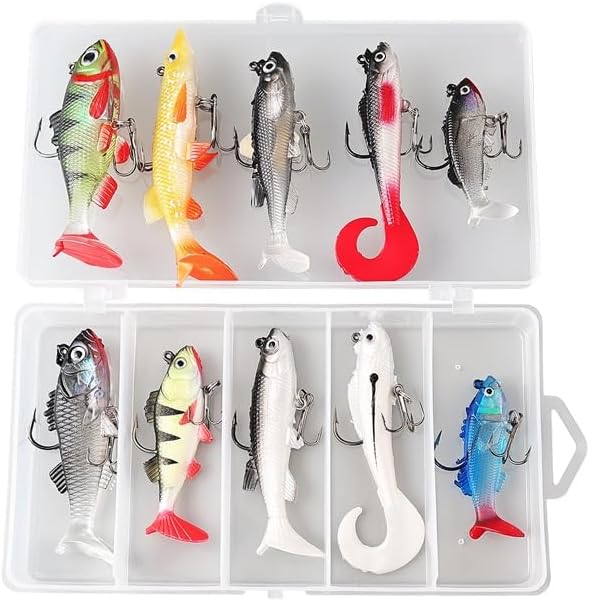 Soft Fishing Lures Kit 10pcs, Fishing Lures Baits Tackle Set for Freshwater Trout Bass Salmon Spinner Baits Plastic Artificial baits With Box