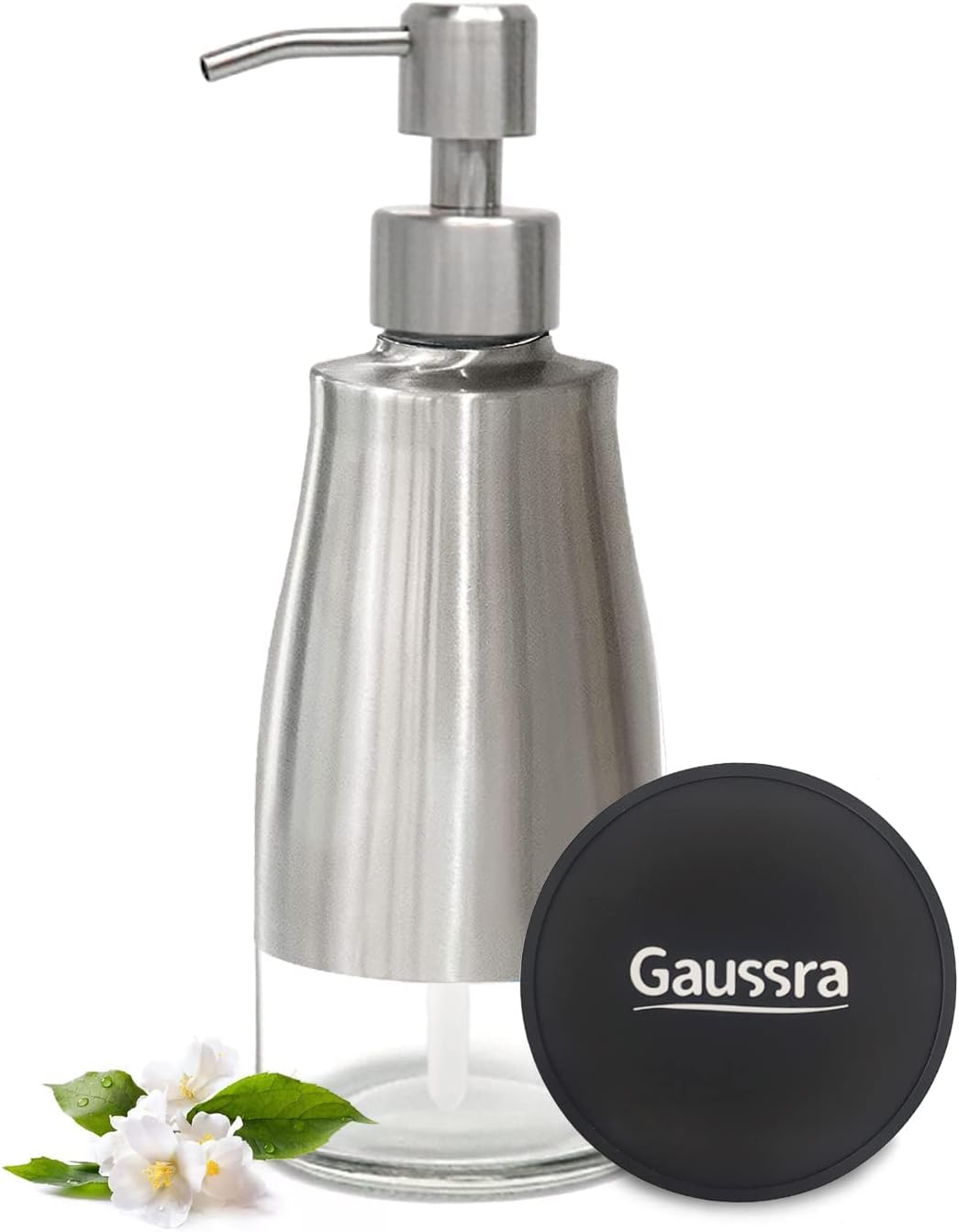 Soap Dispenser with Non-Slip Coaster,Brushed Nickel Stainless Steel Case Glass Liner Hand Pump Dispense for Refillable Liquid for Bathroom & Kitchen (11OZ / 320ML)