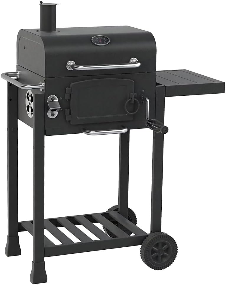 CosmoGrill Outdoor Jr. Smoker Barbecue Charcoal Portable BBQ Grill, Built-in Thermometer, Adjustable Charcoal Pan and Chimney, Wheels, Storage | Compact Coal BBQ Smoker for Home Garden Party Cooking