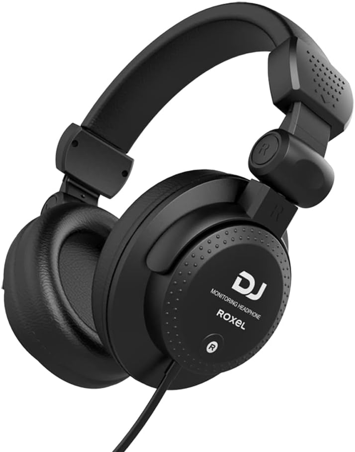 Roxel RDJ V55 DJ Monitoring Headphones, 50mm Driver for Extended Response & Closed Back Design 2.5 Meters Coiled Cable, 6.35mm Plug Adapter for Mixing and Hifi Equipments