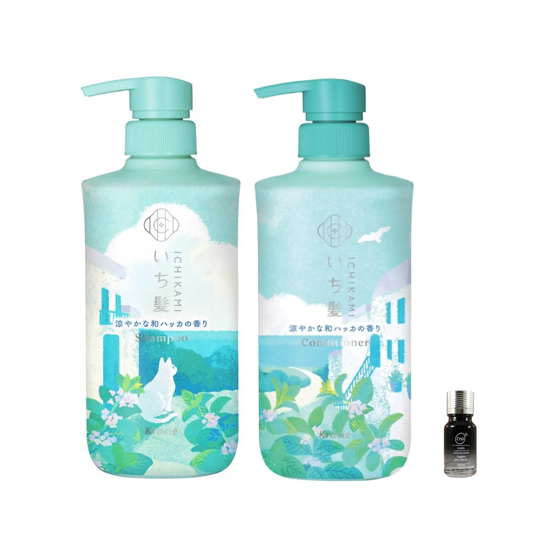 Litmited Edition Kracie Ichikami Shampoo and Conditioner Set Cool Japanese Peppermint 480ml+480g Smoothing with SOFIA BY ODE Hair Serum 10ml