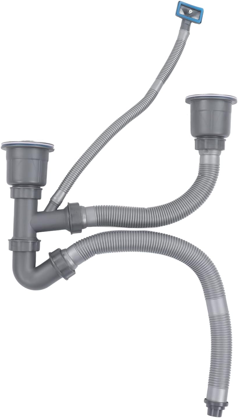 Klanata Expandable All in One Sink Drain Pipe, P Trap Kit for Double Kitchen Sink, Flexible Double Hose Drain Assembly, Easy Installation for Kitchen and Bathroom