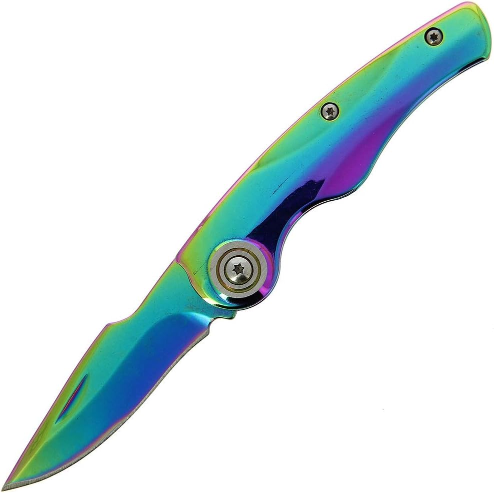 DNA Shiny Rainbow Themed Sub 3" Non Locking EDC Folding Harpoon Clip Point Pocket Knife with Smooth Handle and Easy Open Washer Pivot