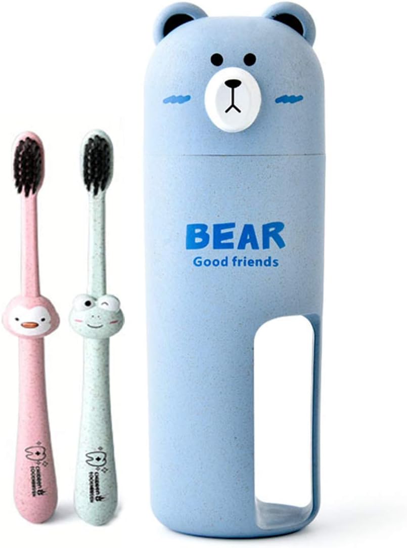 2 PCS Cute Bear Kids Children Soft Bamboo Toothbrush with Wheat Cup (Blue)