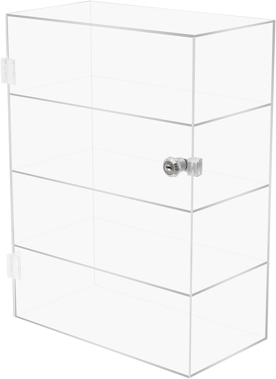 Acrylic Display Case with Lock Key, 4-Tier Clear Display Cabinet with Removable Shelves, Locking Countertop Showcase for Collectibles, Figures, Knives, Rocks, Perfume – 11.8 x 5.9 x 15.75 inches