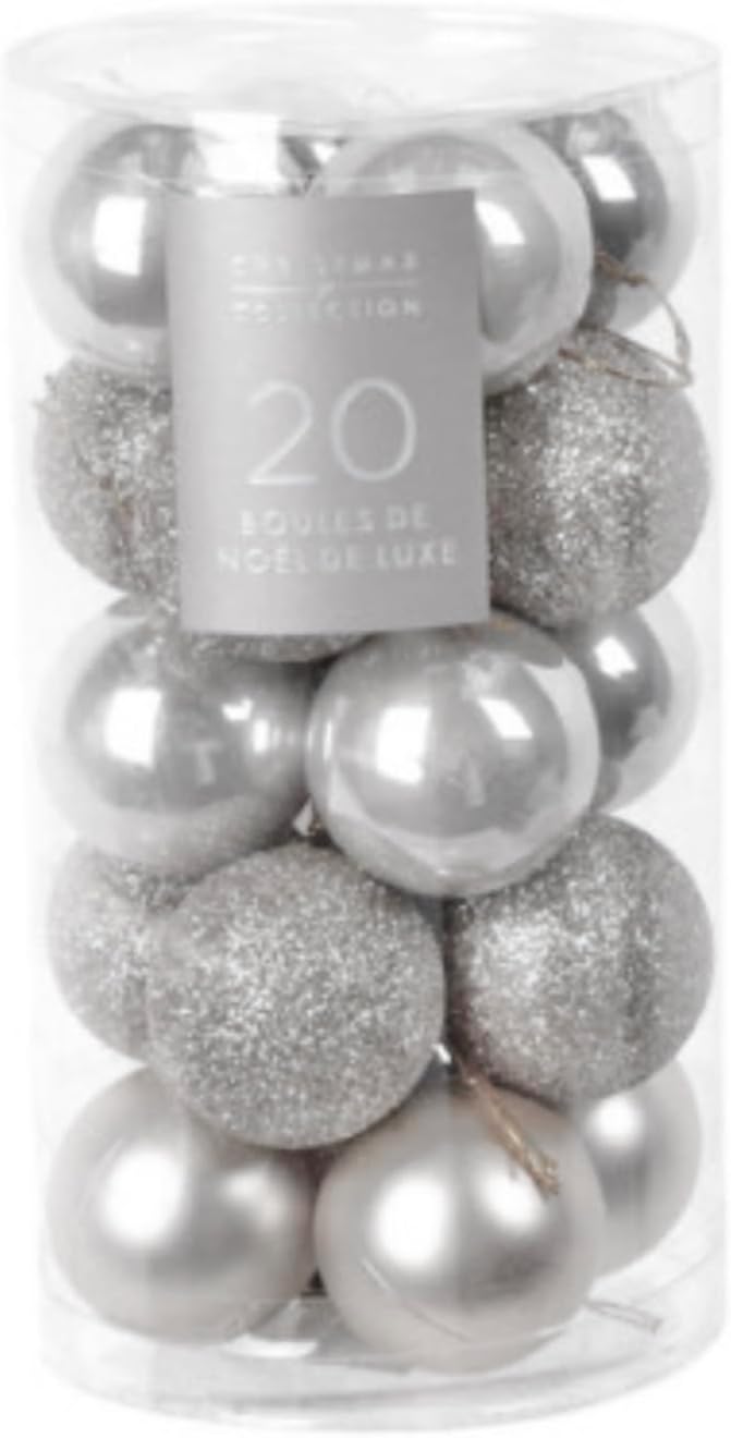 20pc Luxury Silver Christmas Baubles - Assorted Xmas Tree Decoration - Festive Novelty Gift