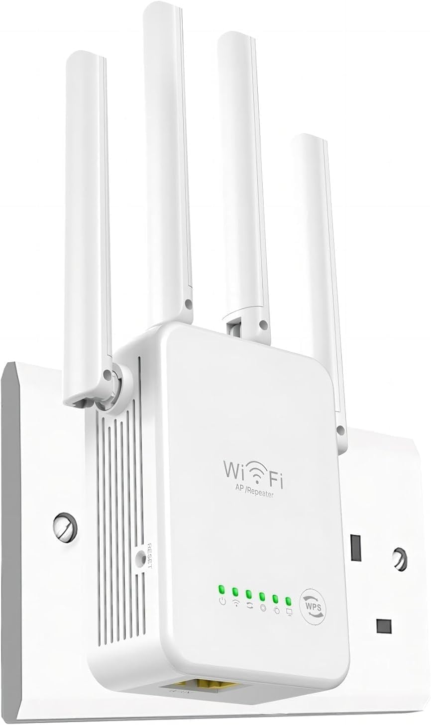 2025 Newest WiFi Extender, WiFi Booster, WiFi Repeater, 4 *Antennas Covers Up to 3800 Sq.ft and 45 Devices, Internet Booster - with Ethernet Port, Quick Setup, Home Wireless Signal Booster - UK plug.