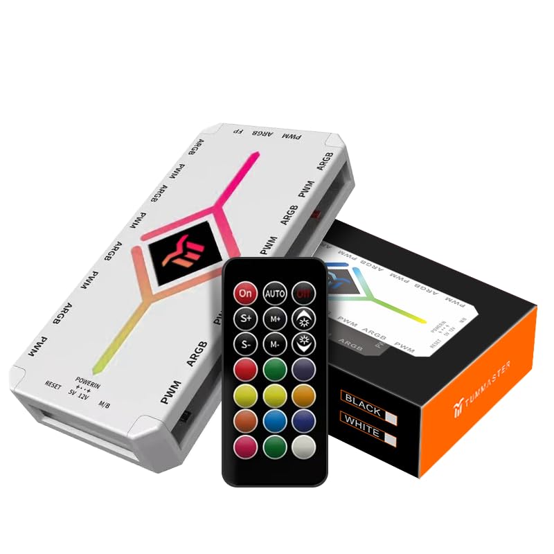 ARGB Fan HUB, 9 Port 4 Pin PC Fan Controller, 5V-3Pin LED Hub, Magnetic Suction, SATA Power Input,RF Remote & Chassis Key Control,Controller Support ARGB PWM Fans Splitter (J-09(White))