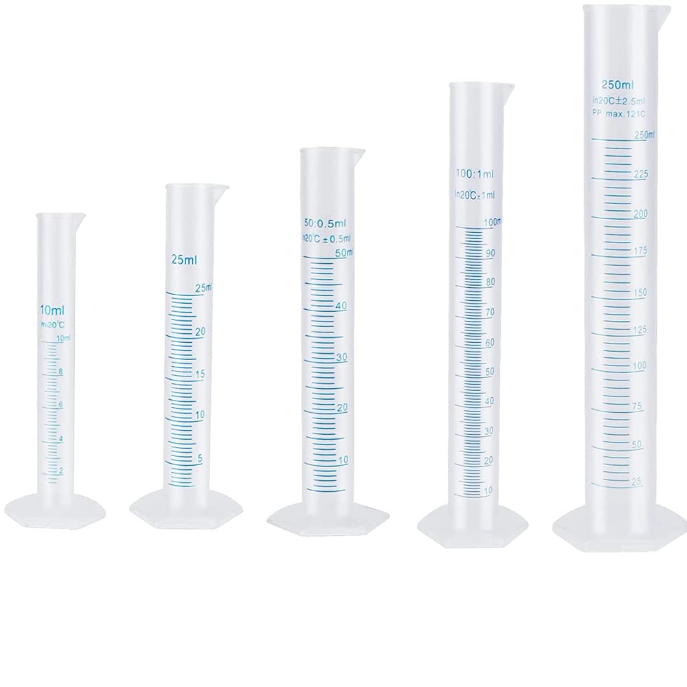 KOMUNJ 5pcs Plastic Graduated Cylinder Beaker 10ml 25ml 50ml 100ml 250ml Measuring Cylinder Transparent Lab Test Tube Liquid Measuring Tools