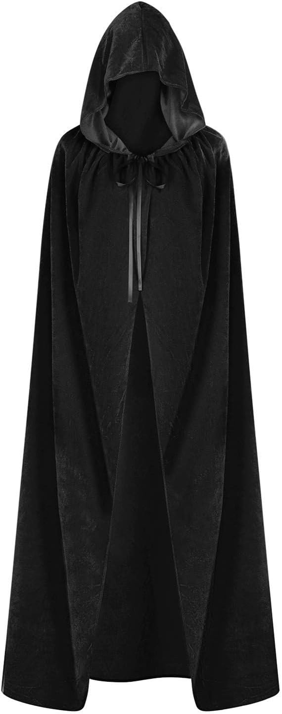 ODOCARE 59Inch Velvet Cloak with Hood for Men & Women, Hooded Cape Cloak Unisex Halloween Witch Vampire Wizard Raven Cosplay Costume(black,L)