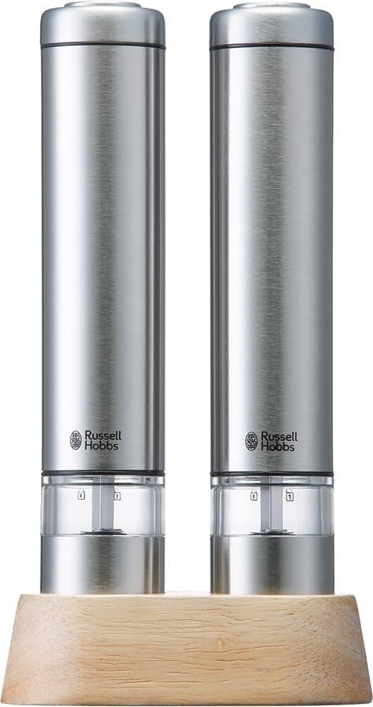 Russell Hobbs 7933JP Electric Mill, Salt & Pepper, Rock Salt, Pepper Spice, Adjustable Coarseness, Set of 2, Mini Size, Silver