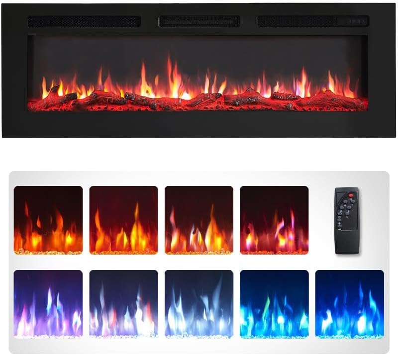FlameKo Wilton 50"/127cm Electric Fireplace, Wall Mounted, Recessed, 9 Colour Flame Effect, Media Wall Compatible, 900W - 1800W Heater, Remote Control