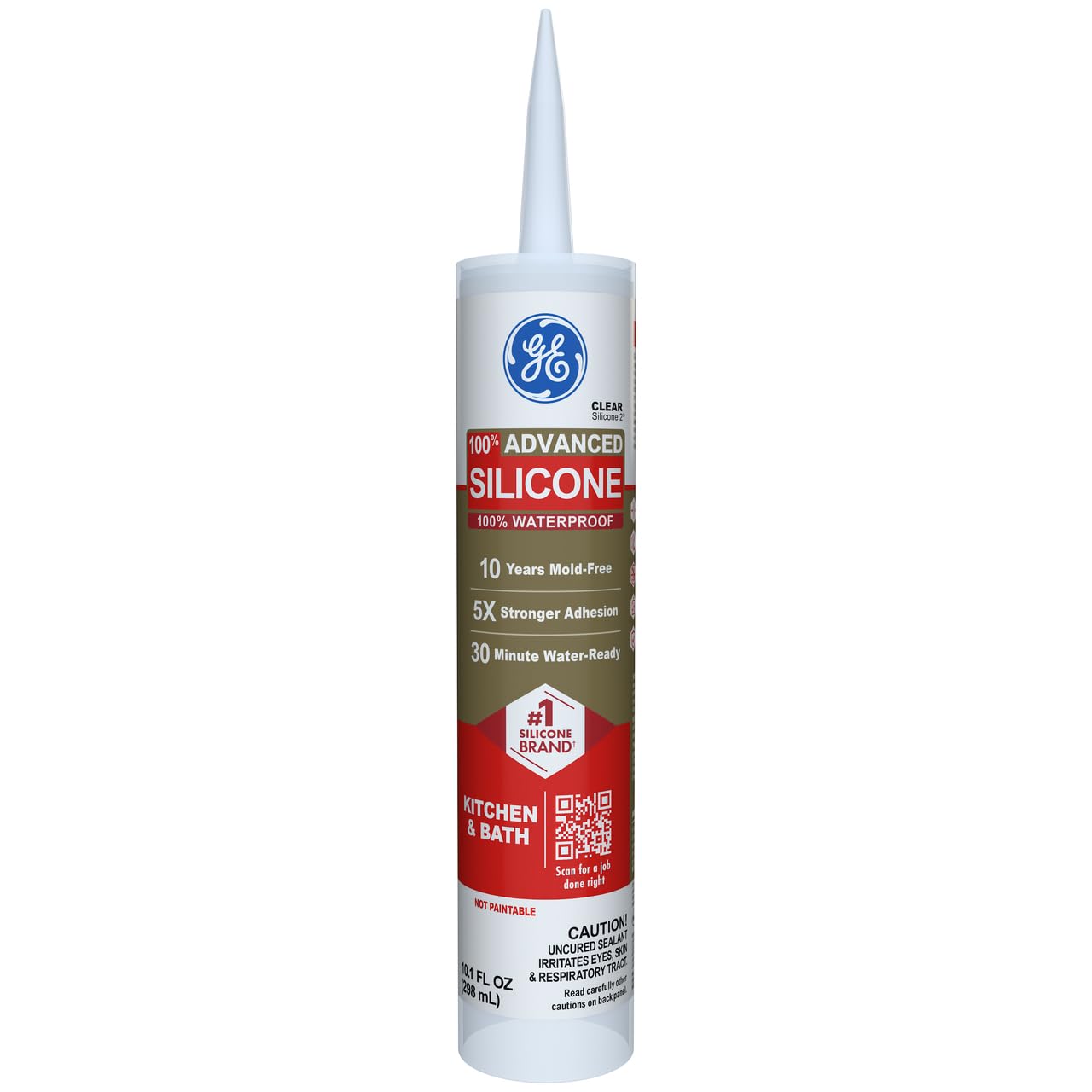 GE Advanced Silicone Caulk for Kitchen & Bathroom, Clear, 10 fl oz Cartridge, 1 Pack - 100% Waterproof Silicone Sealant, 5X Stronger Adhesion, Shrink & Crack Proof