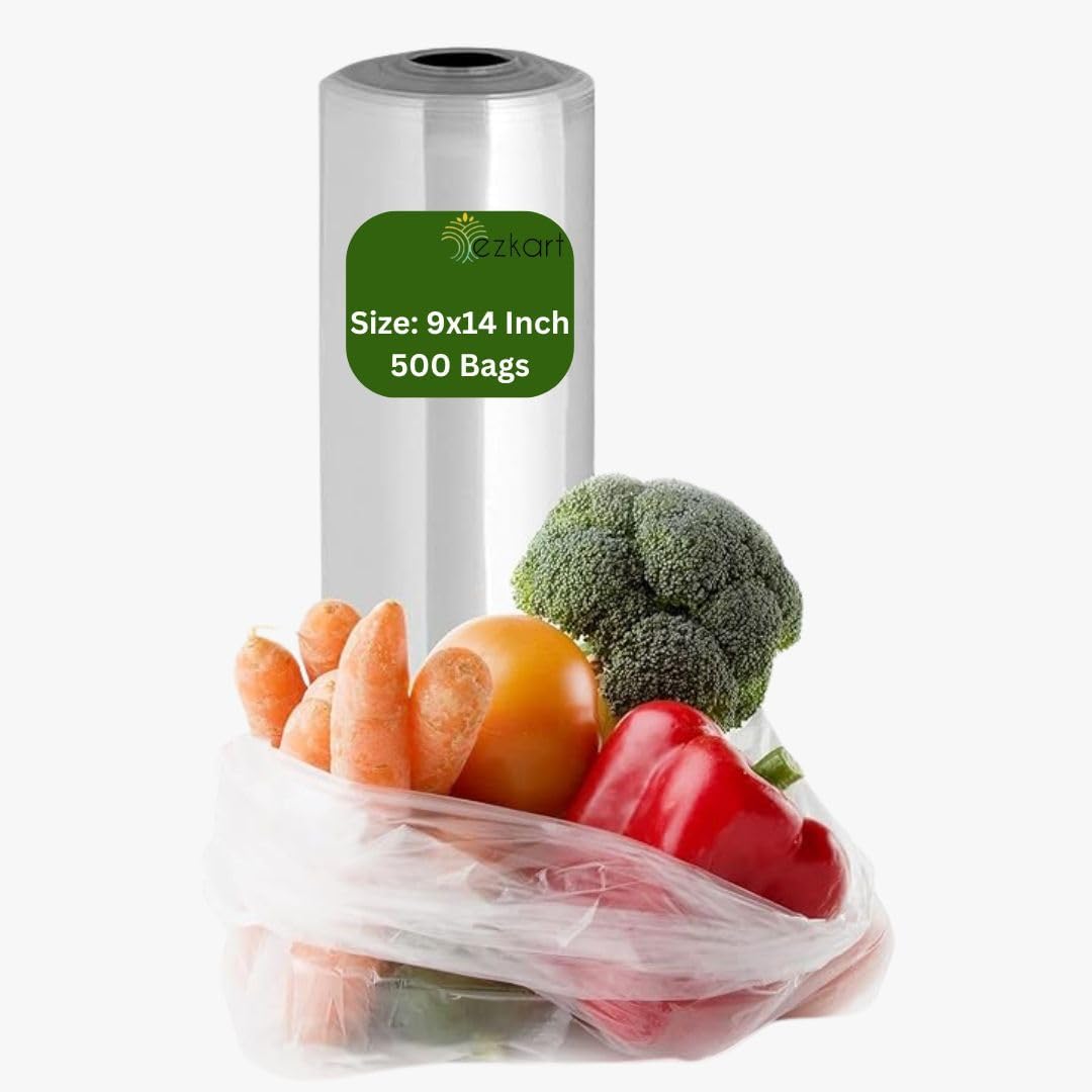 ezkart 500 Clear Plastic Food Bags on a Roll Ideal for Storing Fresh Fruits, Vegetables, Nuts, Sandwiches, Freezing, and More | Disposable and Reusable for Versatile Use. (500, 9x14 Inch)
