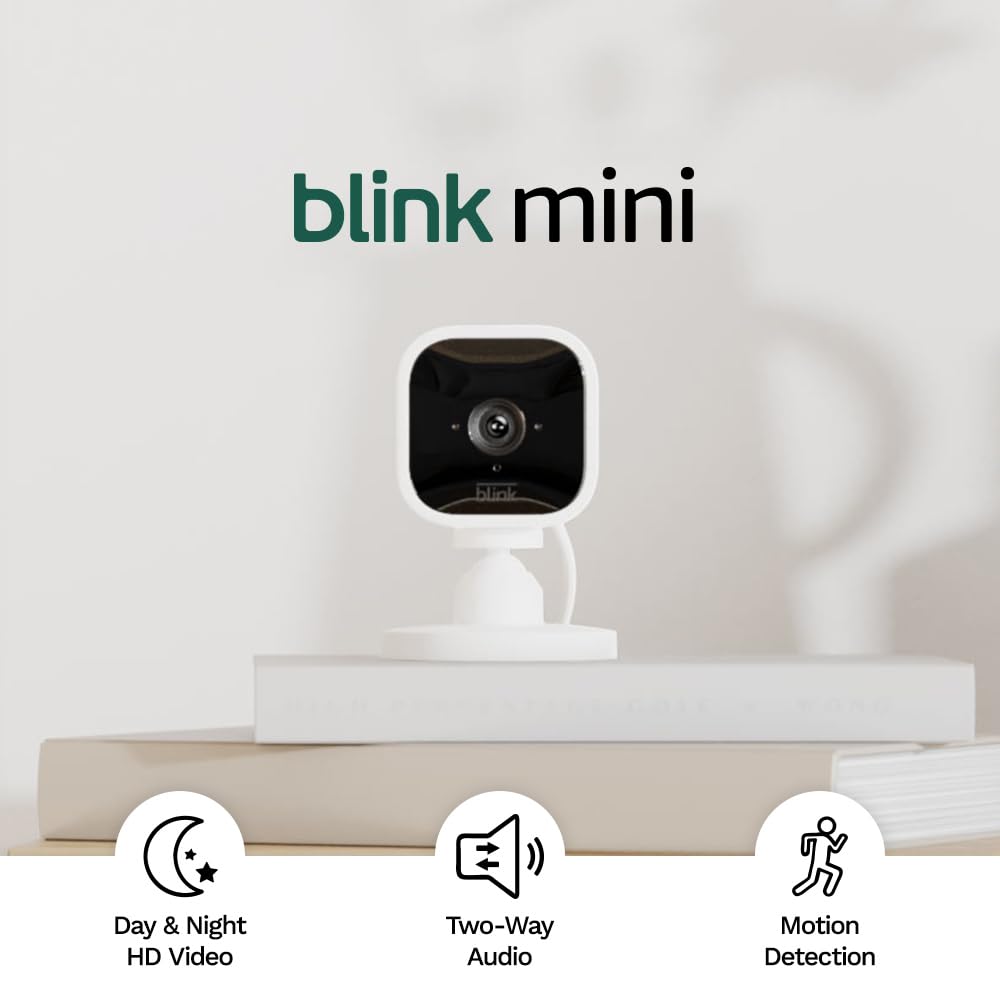 Blink Mini | Indoor plug-in pet security camera, 1080p HD day and night video, motion detection, two-way audio, easy setup, Alexa enabled — 2 cameras (White)