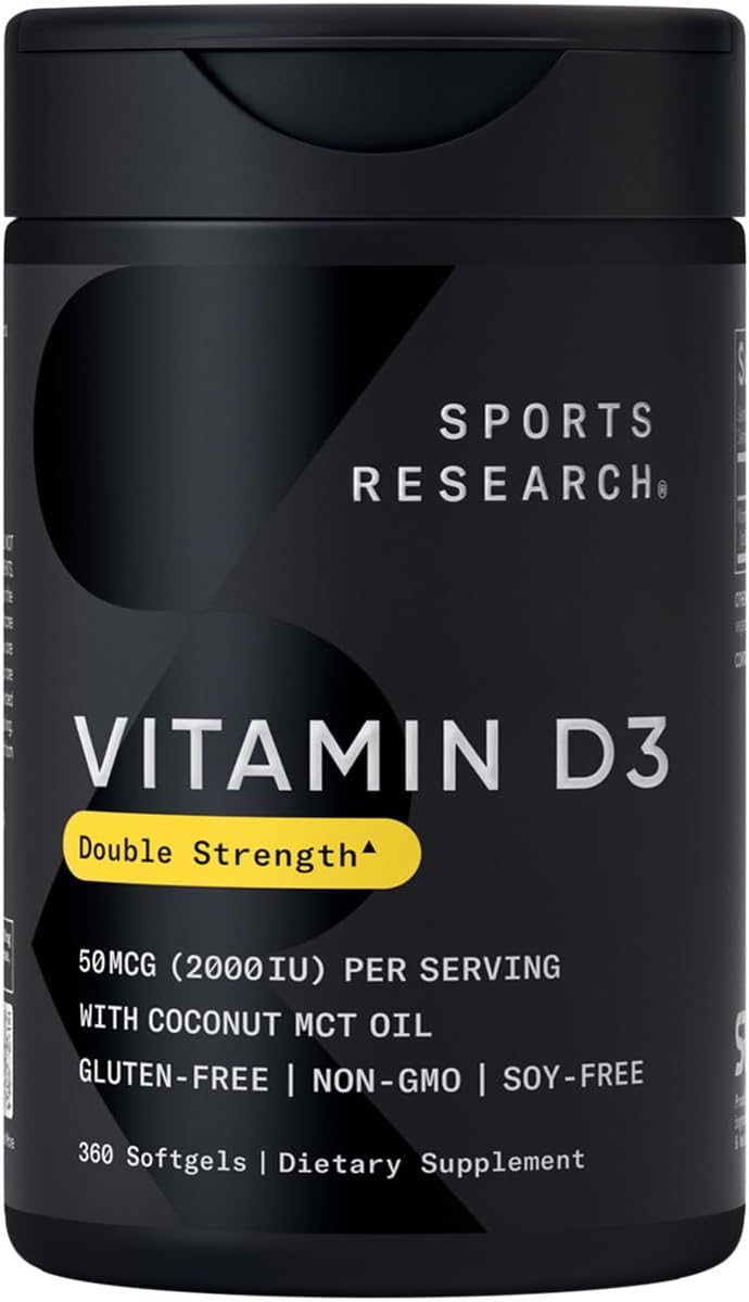 Sports Research Vitamin D3 2000 IU with Coconut MCT Oil - High Potency Vitamin D Supplement for Immune & Bone Support - Non-GMO Verified, Gluten & Soy Free – 50mcg, 360 Liquid Softgels