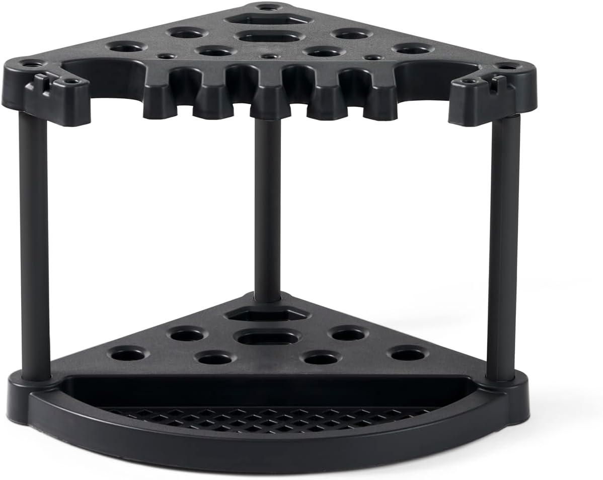 Keter Compact Corner Tool Rack for Maximum Storage and Organization - Easy to Assemble and Organize 25 Long-Handled Garden Tools, Rakes, Brooms, Shovels and Accessories