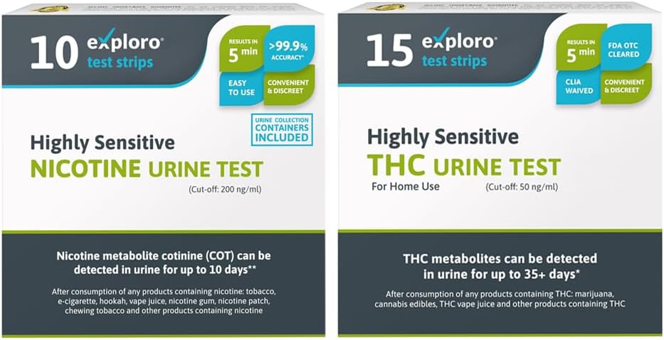 15-Pack Exploro Highly Sensitive at Home THC Drug Test Kit,THC Tests for Home 50 ng/ml + 10-Pack Nicotine Testing Kit at Home, cotinine Urine Test, Nicotine, nicotene Test & Vape Test for 200 ng/ml