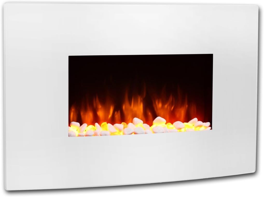 Endeavour Fires Egton 36” Wall Mounted Electric Fire with White Curved Glass, 13 Colour LED Mood Lighting, 1 & 2kW Heater, Realistic Flame Effect & 7-Day Remote Control