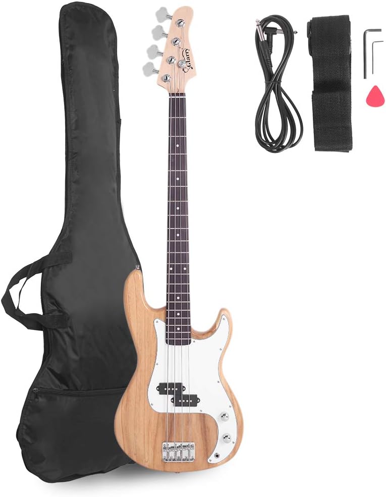 Bonnlo Electric Bass Guitar 4 Strings Full Size for Beginner Exquisite Basswood Burning Bass with Bag, Strap and Accessories,Wood