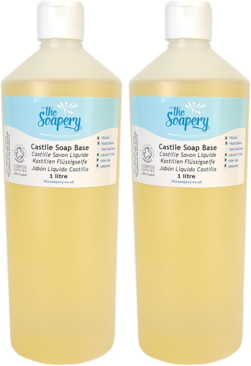 Castile Liquid Soap Base 1 Litre - Organic SLS SLES Sulphate and Paraben Free (Pack of 2)