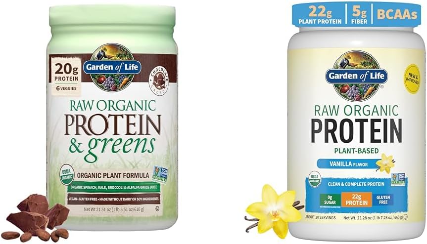 Garden of Life Raw Organic Protein & Greens Chocolate & Organic Vegan Vanilla Protein Powder 22g Complete Plant Based Raw Protein