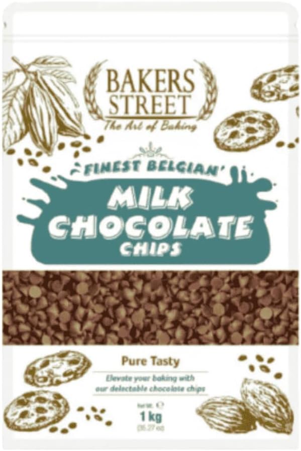 Bakers Street Milk Chocolate Chips 1Kg - Premium Quality Baking Chocolate Chips for Cookies, Cakes, Muffins, Brownies, Desserts, Ice Cream Toppings & Ganache