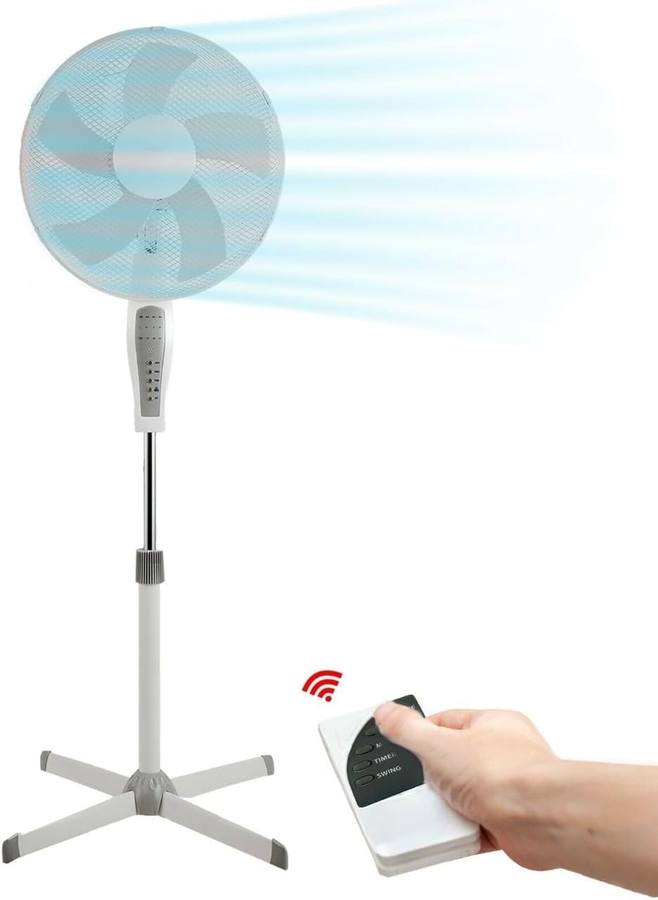 Aspect 16 Inch Pedestal Fan Remote Control Cooling Powerful | Wide Leg Cross Base | Extra Strong 5 Section Blade for High Wind Performance | Up to 4 Hours Timer - White (Upgraded Model)