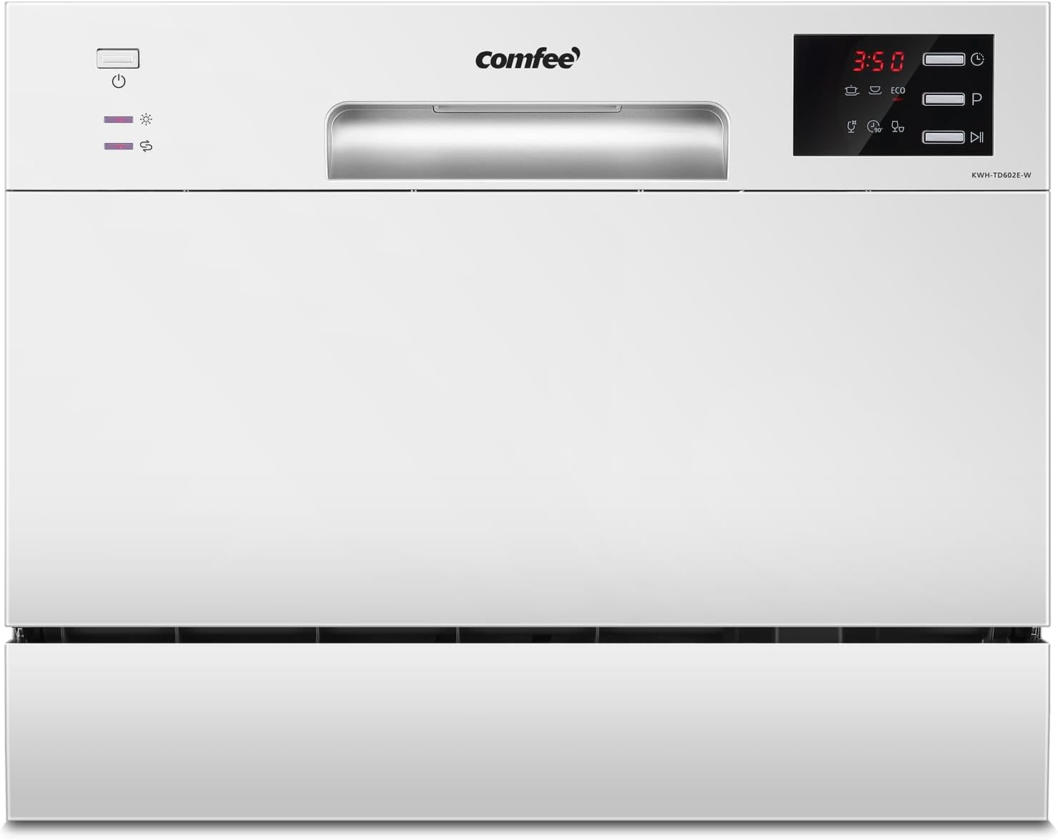 COMFEE' Table Top Dishwasher with 6 Place Settings, Mini Countertop Dishwasher for Small Families, Couples, LED display, Delay Start, 47dB Quiet Noise, White