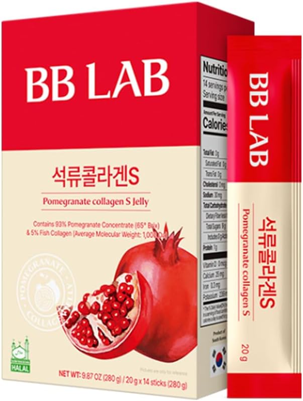 BB LAB Pomegranate Collagen S Jelly Halal, Pomegranate Collagen Sticks - Vitamin A & E for Skin Glow, Hair & Nails – Korean Beauty Jelly - 20g of 14 Sticks