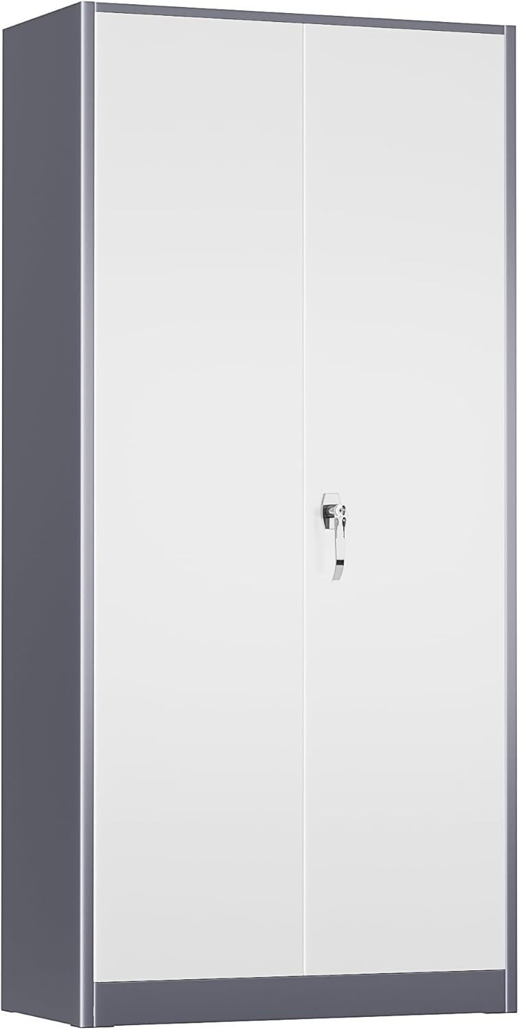 Crownland 72” Metal Storage Cabinet, Lockable Garage Storage Cabinets, High Office Storage Cabinet with Adjustable Shelves for Garage, Home Office, Classroom, Pantry, File(Grey White)