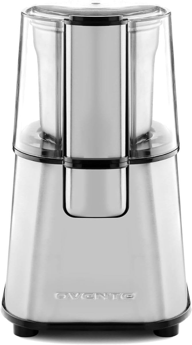 OVENTE Electric Coffee Grinder, 200W Powerful Coffee Bean & Spice Grinder with 2.1 Oz Removable Grinding Bowl, Stainless Steel Blade, Push Power Button, Transparent Lid & Anti-Skid Feet, Silver CG620S