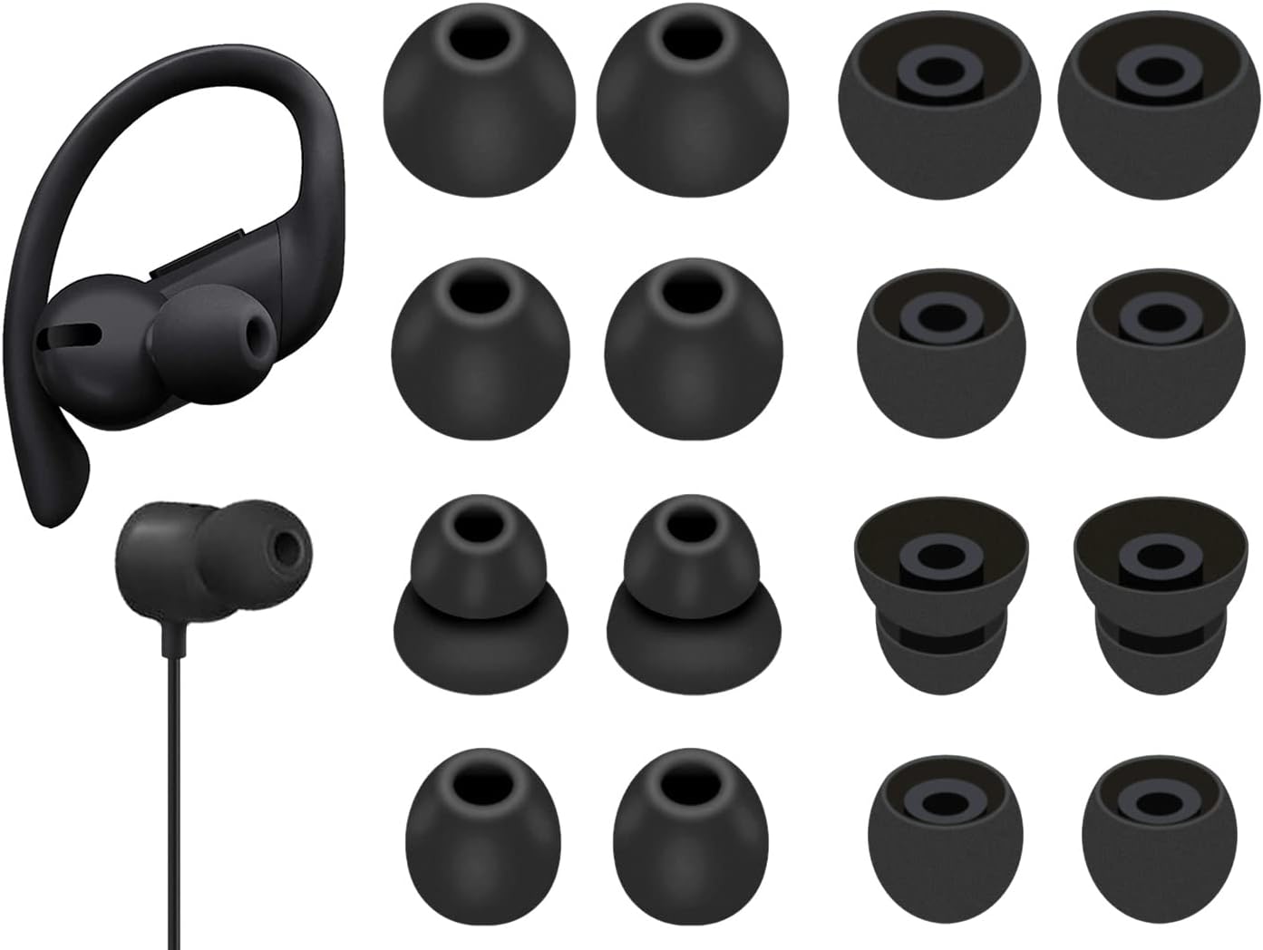 8 Pairs Powerbeats Pro Ear Tips Buds, 4 Size Replacement Soft Flexible Fit in Case Noise Reduce Silicone Rubber Gel Earbuds Eartips Wing Skin Accessories Compatible with Beats Flex/BeatsX - Black