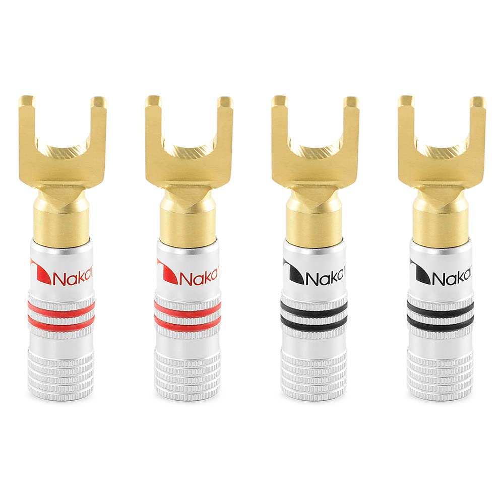 Nakamichi Excel Series 24k Gold Plated Banana Plug 12 AWG - 18 AWG Gauge Size 4mm Speakers Amplifier Hi-Fi AV Stereo Home Theatre Audio Wire Cable Screw Connector 4 Pcs (2-Pairs), Spade Connector