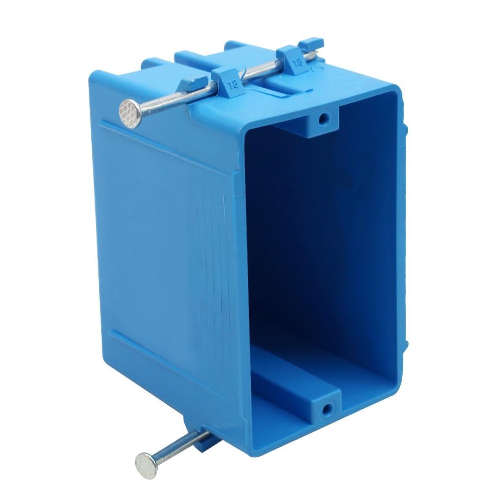 1-Gang PVC New Work Electrical Nail Outlet Box, 18 Cubic Inch Blue Switch Box, ETL Listed to UL514C and UL263, AWG for 9/14, 8/12, 7/10 (1Pack)