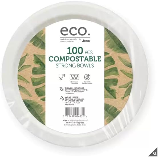 AHG Investment JENA Eco Compostable Strong Bowl - Strong Bagasse 18 cm Bowls - Ideal for Parties & Picnics Strong & Microwaveable | Compostable | Ideal for Parties & Picnics | 100 Pack