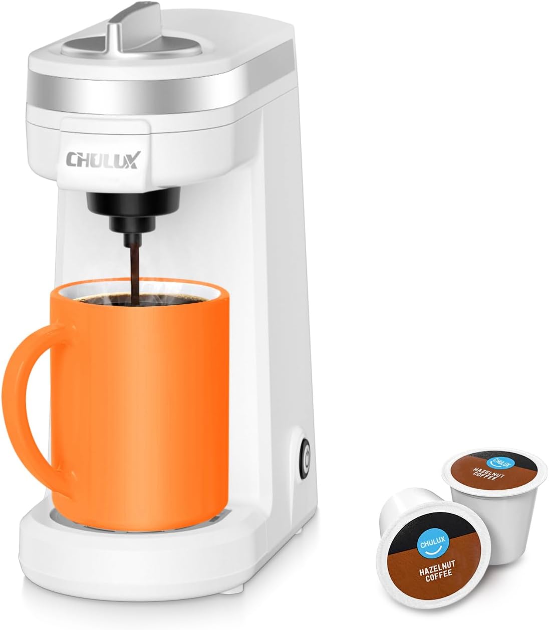 CHULUX Compact Single Serve Coffee Maker for K Pods, 12 Oz Portable One Button Brewing Coffee Machine, White