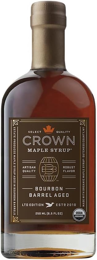 Crown Maple Bourbon Barrel Aged Maple Syrup, organic maple syrup from the Hudson Valley, USA, aged in bourbon barrels, with notes of oak, butter, and vanilla, ideal for coffee, desserts and baking