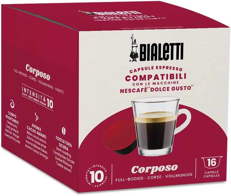 Bialetti Espresso Capsules Compatible with Dolce Gusto Machines, Italian Single Serve Pods, Corposo Flavor – 1 Count (Pack of 16), Ideal for Home or Office Use