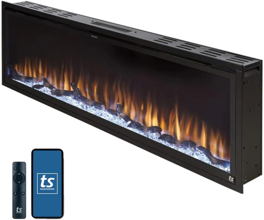 Touchstone Sideline Elite Smart 60” WiFi-Enabled Electric Fireplace - in-Wall Recessed - 60 Color Combinations - 1,500W Heater - Black - Log, Crystals & Driftwood - 80037