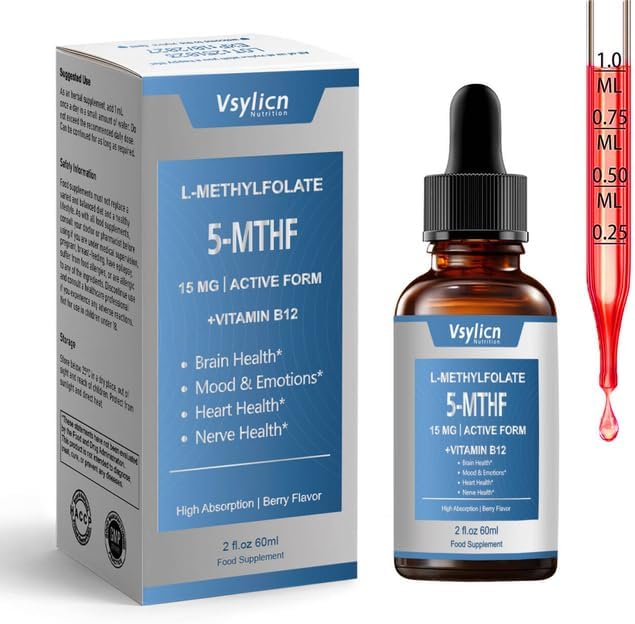Liquid Methyl B12 & Active Folate Drops - 15mg L-Methylfolate & 1000mcg B12 for Brain, Nerve & Mood Support - Berry Flavour Sublingual Supplement - 2 Fl Oz
