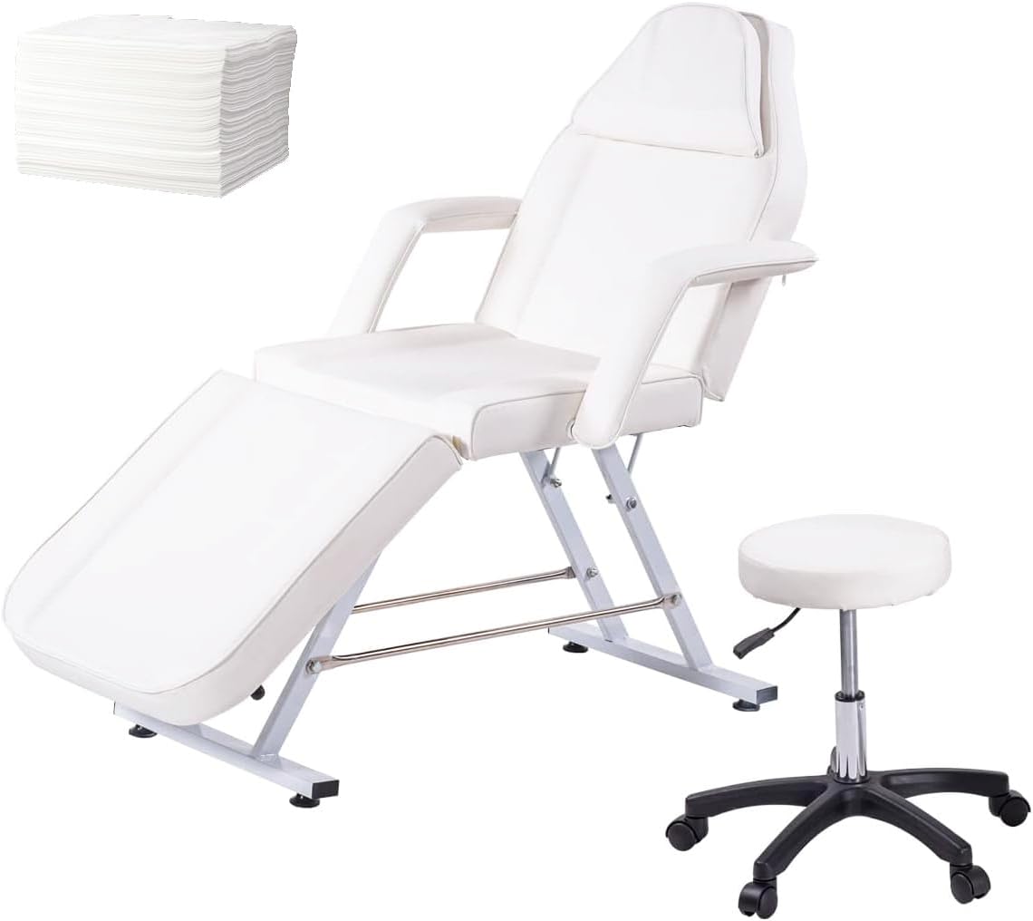 Beauty Bed with Stool and Sheets, Adjustable Massage Chair Reclining Salon Bed Lash Chair with Removable Armrests Headrest Massage Table Set for Spa Salon Tattoo Facial (White)