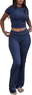 Women's 2 Piece Lounge Outfits Slim Short Sleeve Tops Low Rise Flare Leggings Sets Yoga Sweatsuit