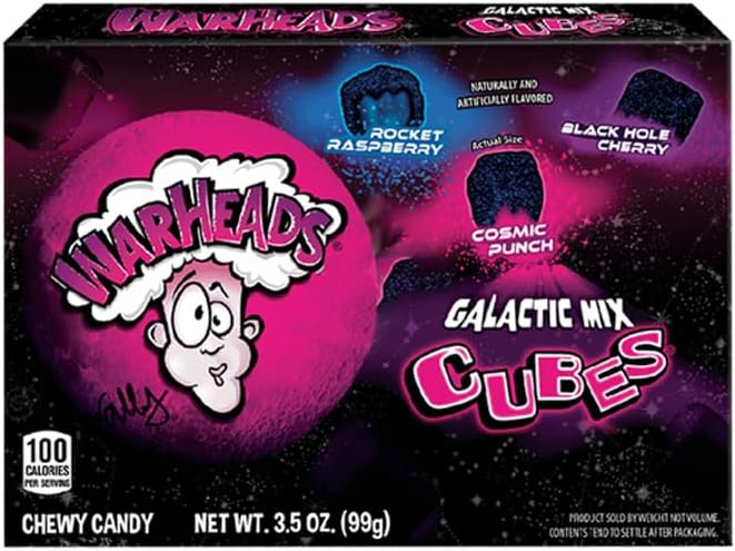 Warheads Galactic Mix Cubes Theatre Box (99g) | Rocket Raspberry, Black Hole Cherry & Cosmic Punch | Tongue-Painting Galactic Blue | American Fruity Sour Candy Treat